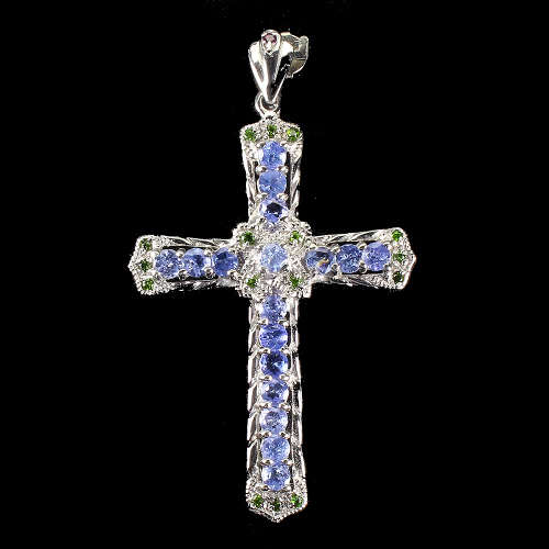 Magnificent Solid Sterling Silver Natural Tanzanite Cross Pendant