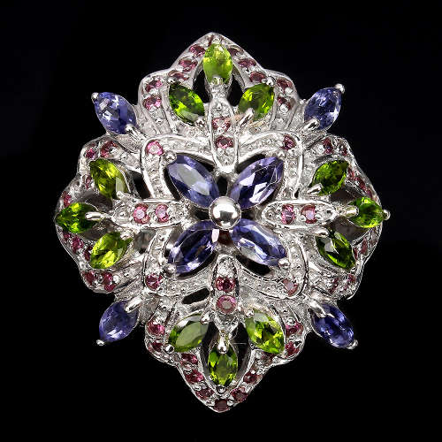 Alluring Solid Sterling Silver Natural Iolite, Diopside and Garnet Cluster Ring - 13.41 g