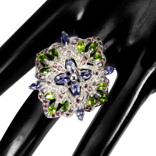 Alluring Solid Sterling Silver Natural Iolite, Diopside and Garnet Cluster Ring - 13.41 g
