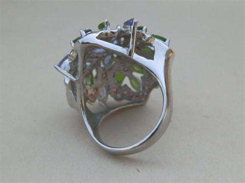 Alluring Solid Sterling Silver Natural Iolite, Diopside and Garnet Cluster Ring - 13.41 g