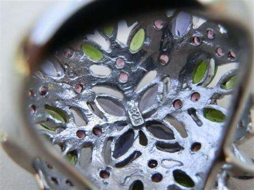 Alluring Solid Sterling Silver Natural Iolite, Diopside and Garnet Cluster Ring - 13.41 g