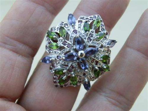 Alluring Solid Sterling Silver Natural Iolite, Diopside and Garnet Cluster Ring - 13.41 g