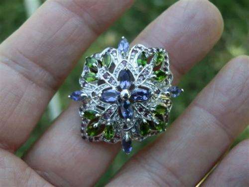 Alluring Solid Sterling Silver Natural Iolite, Diopside and Garnet Cluster Ring - 13.41 g