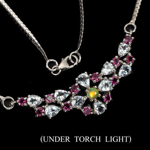 Magnificent Solid Sterling Silver Natural Aquamarine, Opal and Garnet Necklace - weight 9.98 g