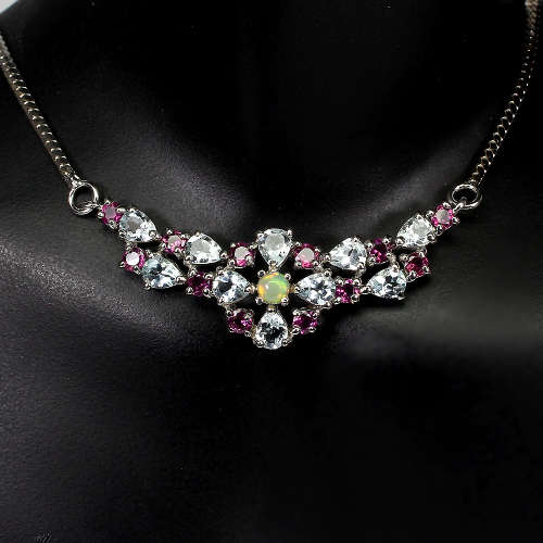 Magnificent Solid Sterling Silver Natural Aquamarine, Opal and Garnet Necklace - weight 9.98 g