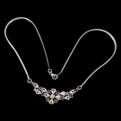 Magnificent Solid Sterling Silver Natural Aquamarine, Opal and Garnet Necklace - weight 9.98 g