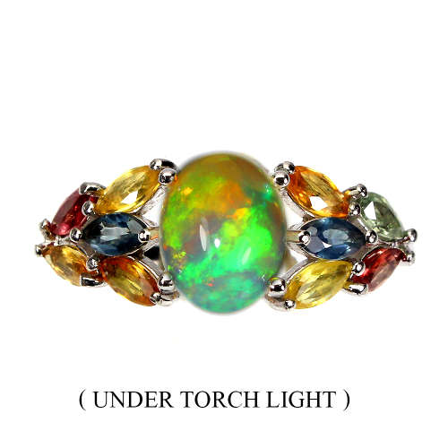 Exquisite Solid Sterling Silver Natural Opal, and Sapphire Ring