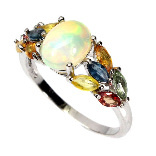 Exquisite Solid Sterling Silver Natural Opal, and Sapphire Ring