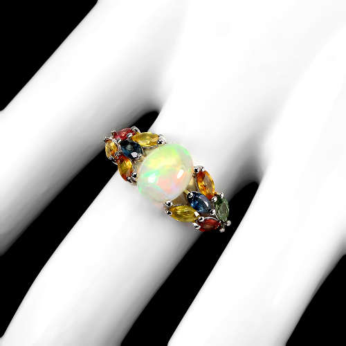 Exquisite Solid Sterling Silver Natural Opal, and Sapphire Ring