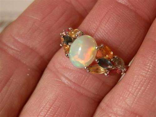 Exquisite Solid Sterling Silver Natural Opal, and Sapphire Ring