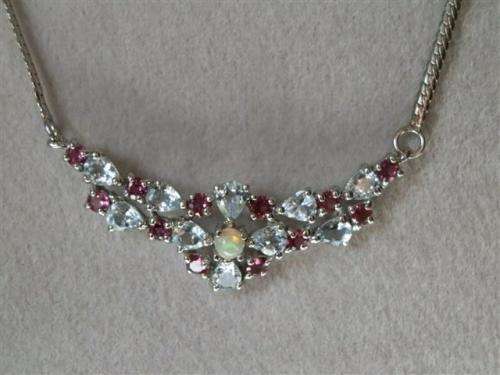Magnificent Solid Sterling Silver Natural Aquamarine, Opal and Garnet Necklace - weight 9.98 g