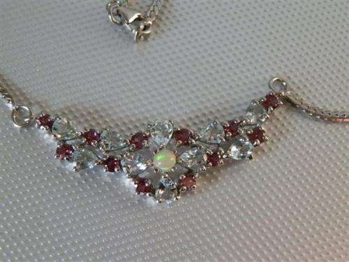 Magnificent Solid Sterling Silver Natural Aquamarine, Opal and Garnet Necklace - weight 9.98 g