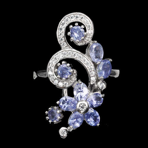 Exquisite Earth Mined Tanzanite Ring Solid Sterling Silver 14 ct White Gold