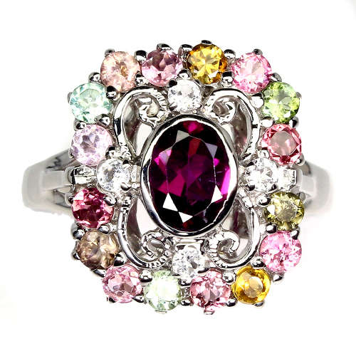 Gorgeous Earth Mined Garnet, Tourmaline and Topaz Ring Solid Sterling Silver 14 ct White Gold