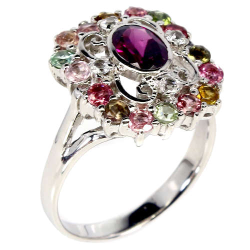 Gorgeous Earth Mined Garnet, Tourmaline and Topaz Ring Solid Sterling Silver 14 ct White Gold
