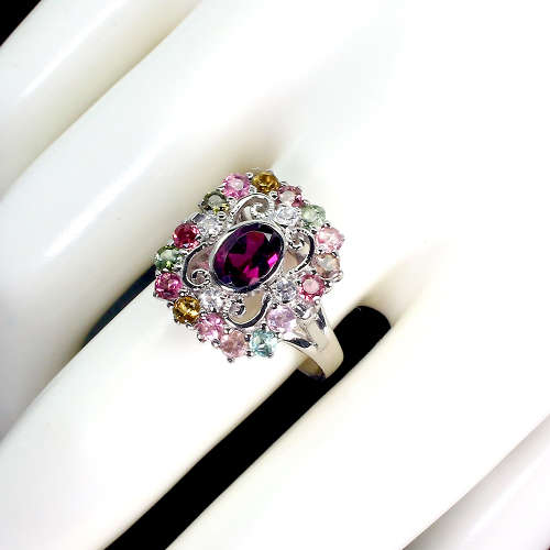 Gorgeous Earth Mined Garnet, Tourmaline and Topaz Ring Solid Sterling Silver 14 ct White Gold