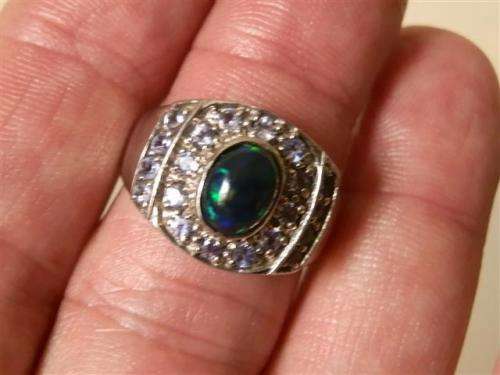 FOR JAMIE ONLY!!  Genuine Black Opal and Tanzanite Ring Solid Sterling Silver 14 ct White Gold