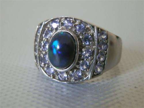 FOR JAMIE ONLY!!  Genuine Black Opal and Tanzanite Ring Solid Sterling Silver 14 ct White Gold