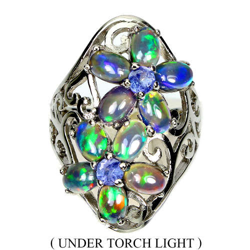 Natural Ethiopia Black Opal and Tanzanite Ring in Solid Sterling Silver 14 ct White Gold over