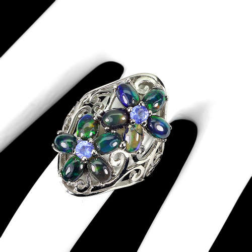 Natural Ethiopia Black Opal and Tanzanite Ring in Solid Sterling Silver 14 ct White Gold over