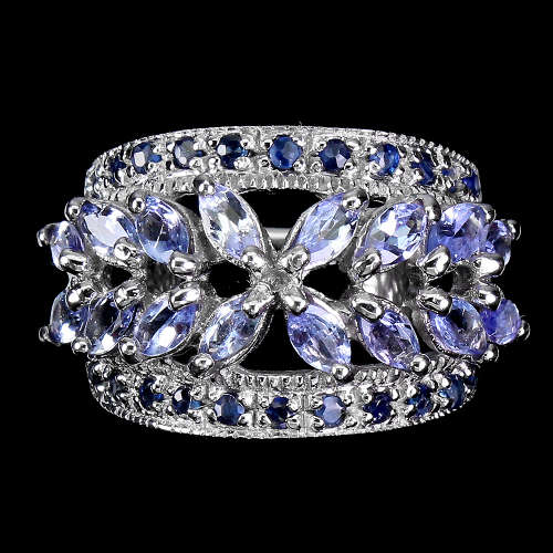 Astonishing Natural Tanzanite and Blue Sapphire Solid Sterling Silver Ring - weight 8.21 g