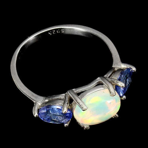 Gorgeous Solid Sterling Silver 1.10 ct Natural Opal and 1 ct Tanzanite Ring