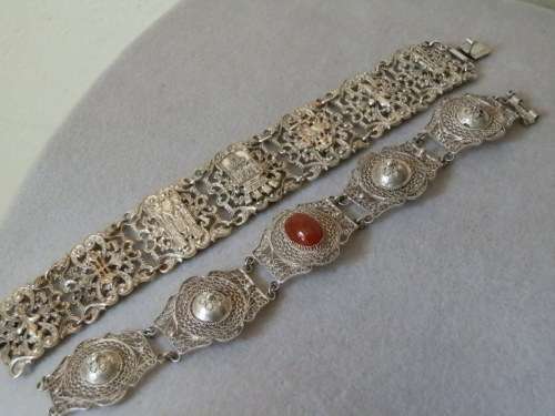 Vintage Solid Sterling Silver Filigree Bracelet with Stone & Silver Panel Bracelet