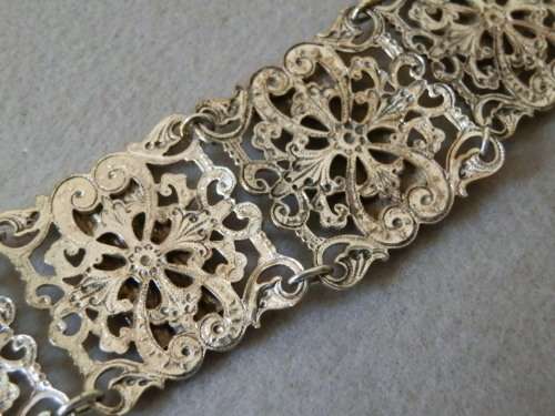 Vintage Solid Sterling Silver Filigree Bracelet with Stone & Silver Panel Bracelet