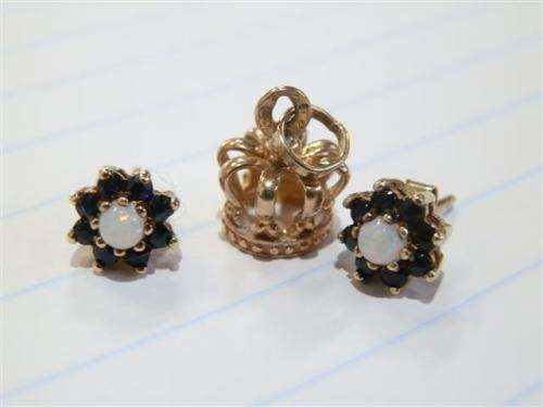 Solid 9 ct Gold Opal & Blue Sapphire Earrings and Crown Charm
