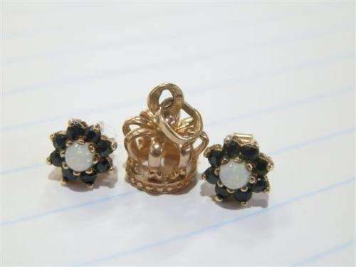 Solid 9 ct Gold Opal & Blue Sapphire Earrings and Crown Charm