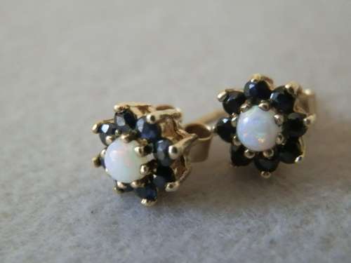 Solid 9 ct Gold Opal & Blue Sapphire Earrings and Crown Charm