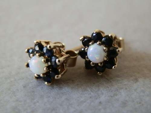 Solid 9 ct Gold Opal & Blue Sapphire Earrings and Crown Charm