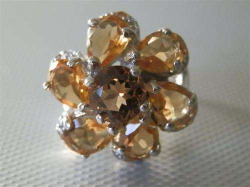 Solid Sterling Silver Citrine and Yellow Sapphire Cluster Ring - weight 12.7 g