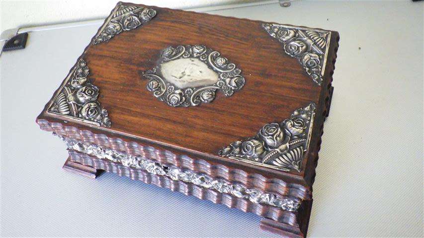 Exquisite Victorian Solid Wood Jewellery Box with Embossed Silver Decorations
