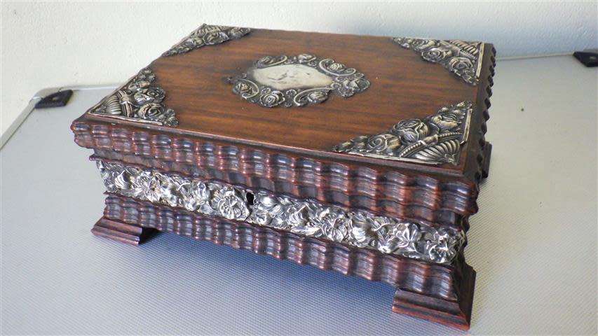 Exquisite Victorian Solid Wood Jewellery Box with Embossed Silver Decorations