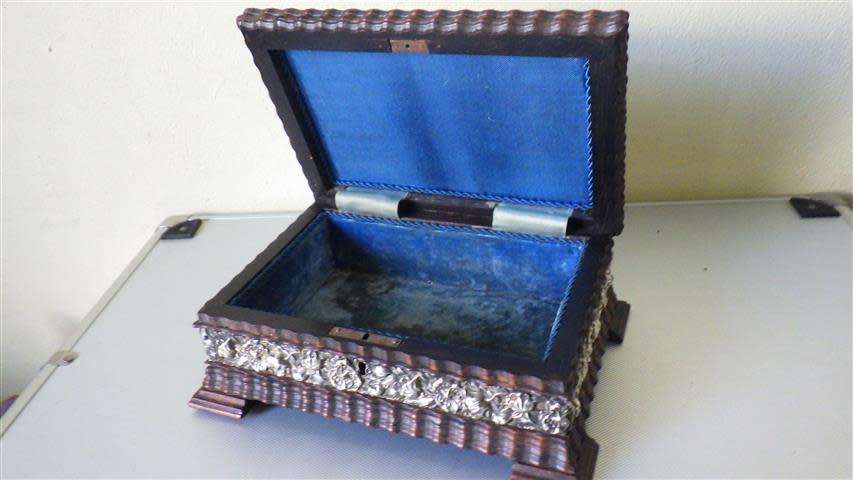 Exquisite Victorian Solid Wood Jewellery Box with Embossed Silver Decorations