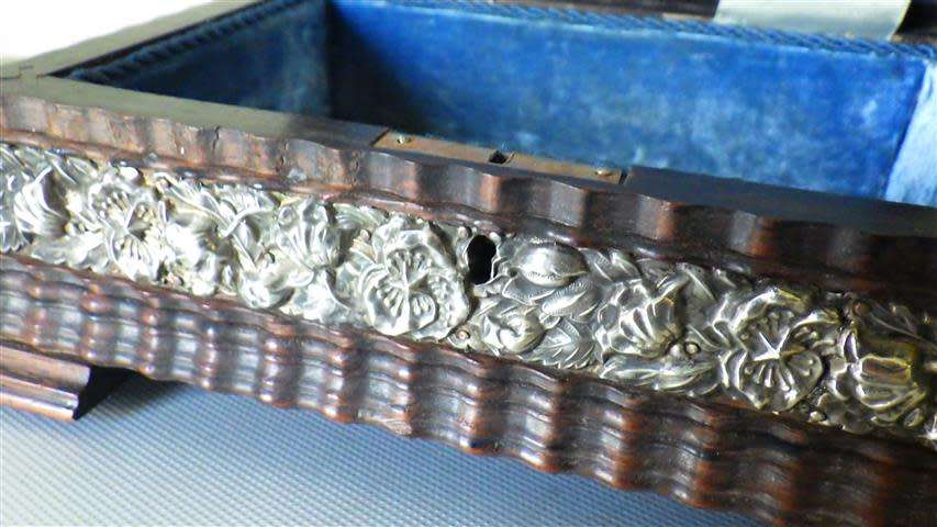 Exquisite Victorian Solid Wood Jewellery Box with Embossed Silver Decorations