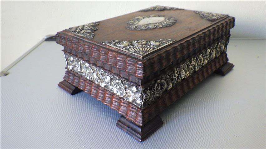 Exquisite Victorian Solid Wood Jewellery Box with Embossed Silver Decorations