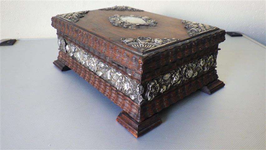 Exquisite Victorian Solid Wood Jewellery Box with Embossed Silver Decorations
