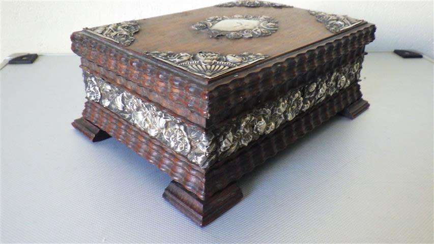 Exquisite Victorian Solid Wood Jewellery Box with Embossed Silver Decorations