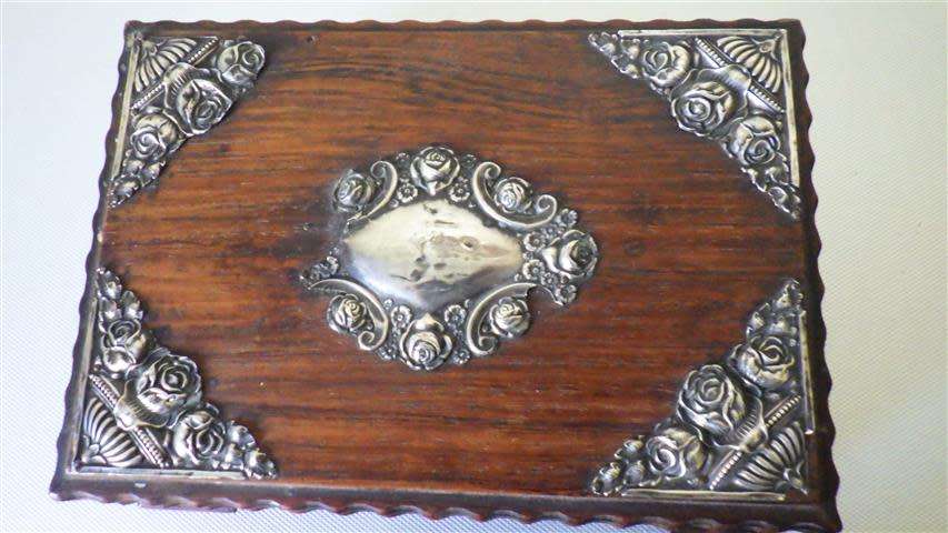 Exquisite Victorian Solid Wood Jewellery Box with Embossed Silver Decorations