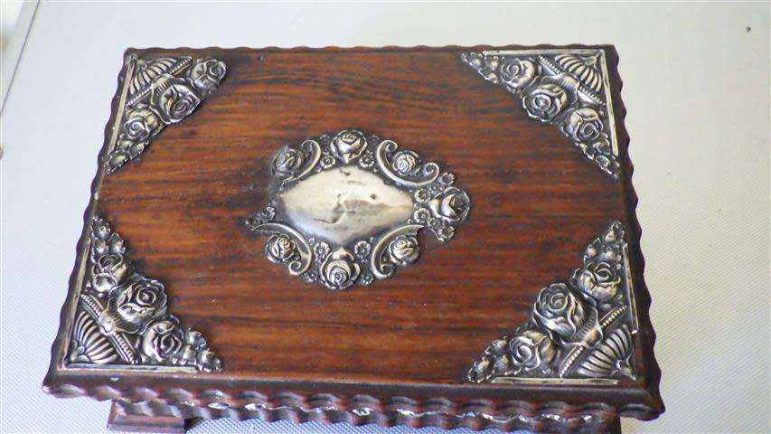 Exquisite Victorian Solid Wood Jewellery Box with Embossed Silver Decorations