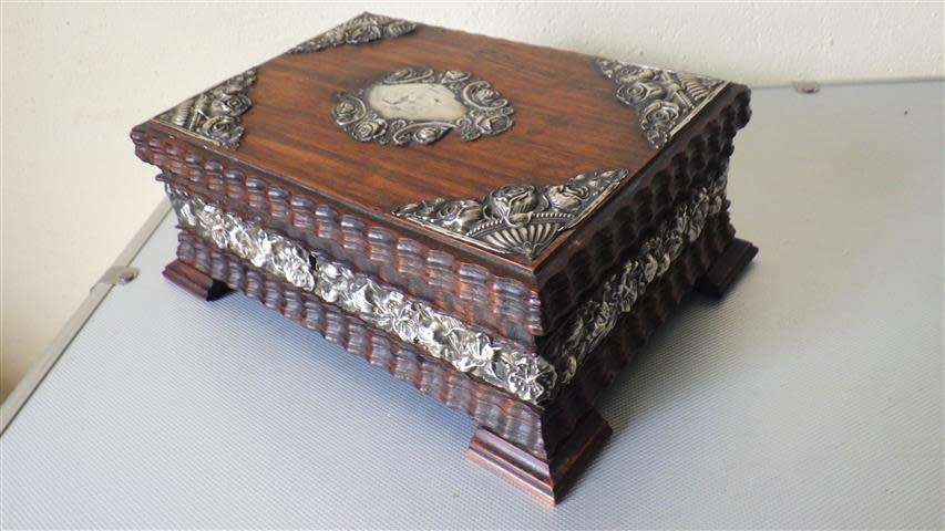 Exquisite Victorian Solid Wood Jewellery Box with Embossed Silver Decorations