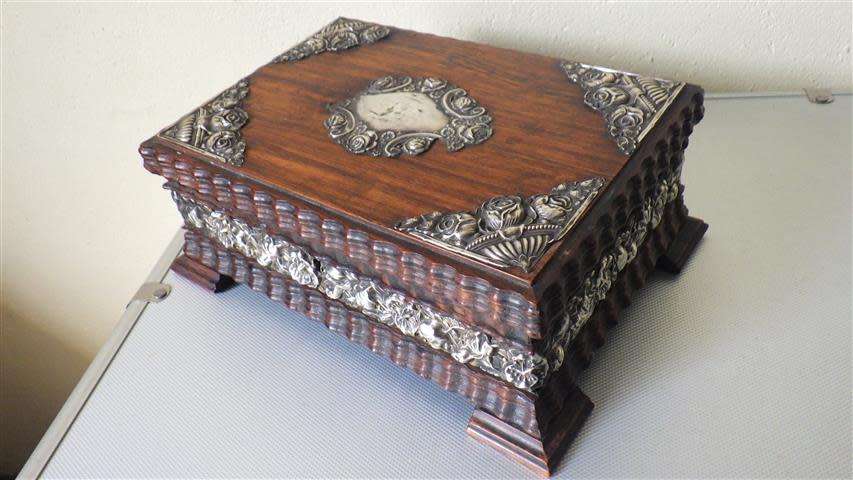 Exquisite Victorian Solid Wood Jewellery Box with Embossed Silver Decorations