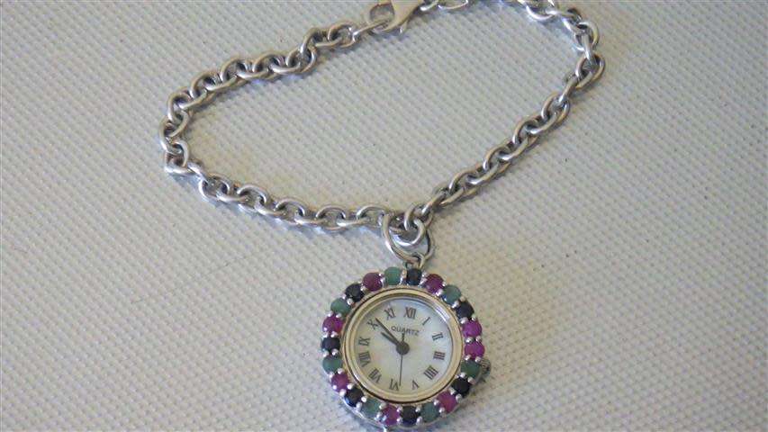 Marvelous Sterling Silver Bracelet with Multi Gem Decorated Watch - weight 32.2 g