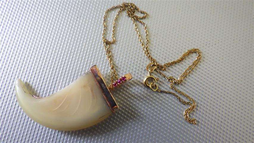 Gorgeous Vintage 9 ct Gold Lion Claw Ruby Accent Pendant and Chain - weight 5 g