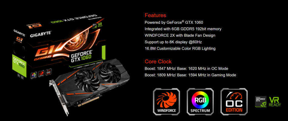 Gigabyte Nvidia Geforce GTX 1060 6G - G1 Gaming