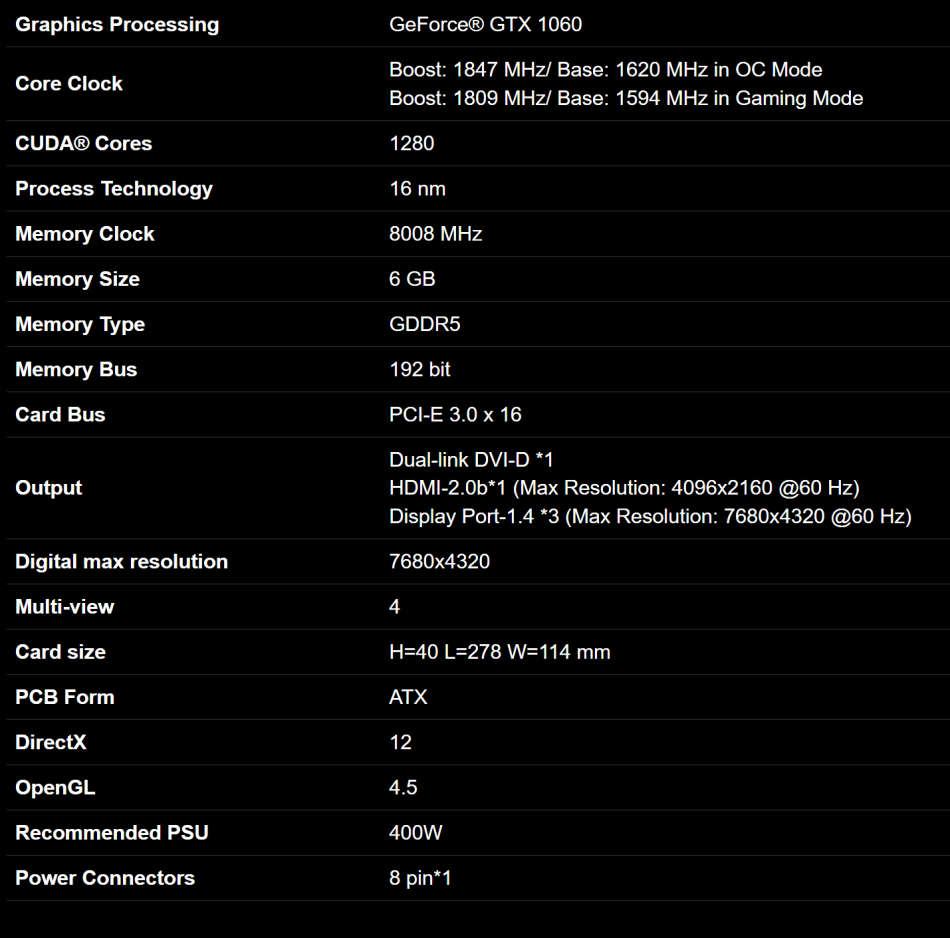 Gigabyte Nvidia Geforce GTX 1060 6G - G1 Gaming
