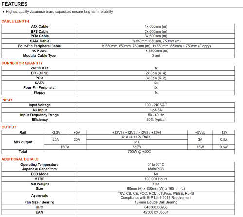 EVGA SuperNOVA 750 B1, 80+ BRONZE 750W, Semi Modular