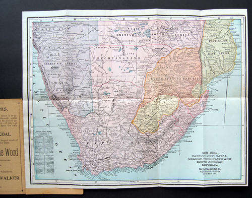 1890's ORIGINAL ANTIQUE FOLDED POCKET MAP OF SOUTH AFRICA - (also see my old Jhb map)